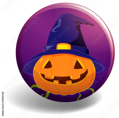 Halloween badge with pumpkin wearing witch hat