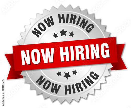 now hiring 3d silver badge with red ribbon