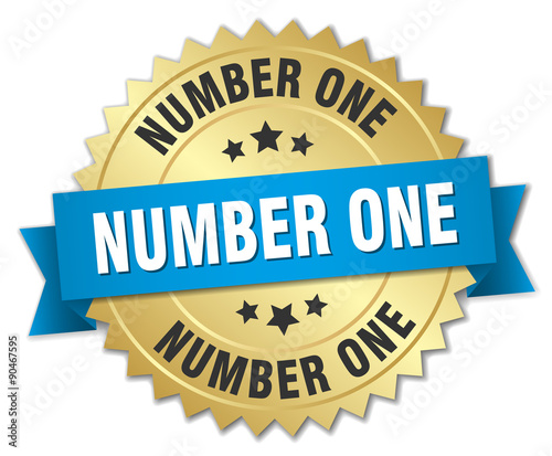 number one 3d gold badge with blue ribbon