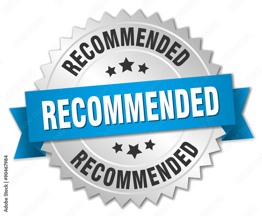 Obraz premium recommended 3d silver badge with blue ribbon