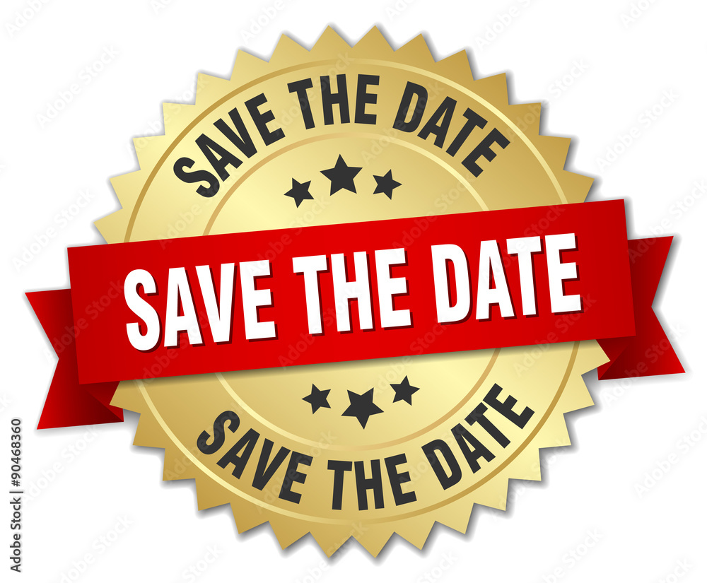 save the date 3d gold badge with red ribbon save the date 3d gold badge with red ribbon