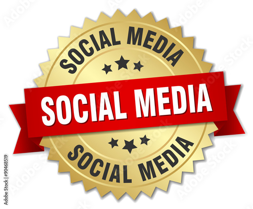 social media 3d gold badge with red ribbon