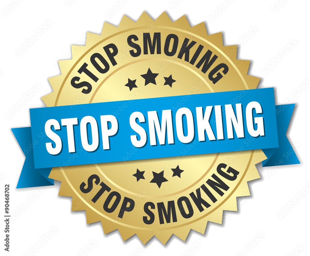 stop smoking 3d gold badge with blue ribbon