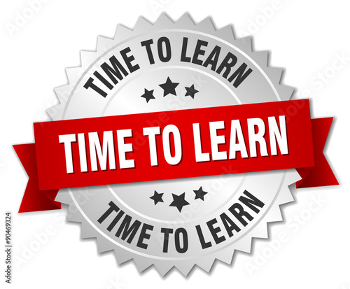 time to learn 3d silver badge with red ribbon