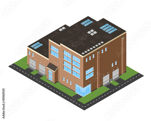 Large isometric Industrial Building.
A vector illustration icon of a large factory distribution warehouse. 
