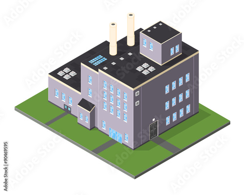 Isometric Factory Power Station.
A vector illustration icon of a large industrial power plant on grassland tile.