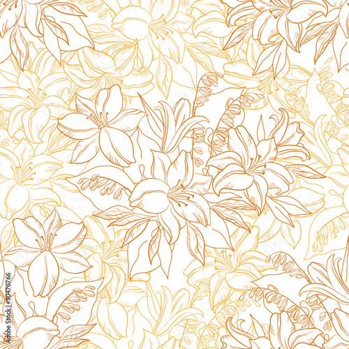 Seamless Pattern, Lily Flowers Contours