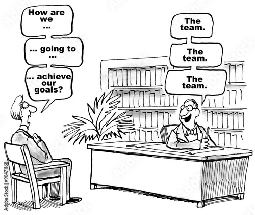 Foto Business cartoon showing a businessman asking his boss a question How are we