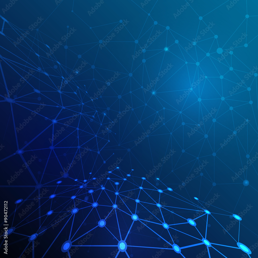 Abstract molecule structure on dark blue color background. Vector illustration of Communication - network for futuristic technology concept