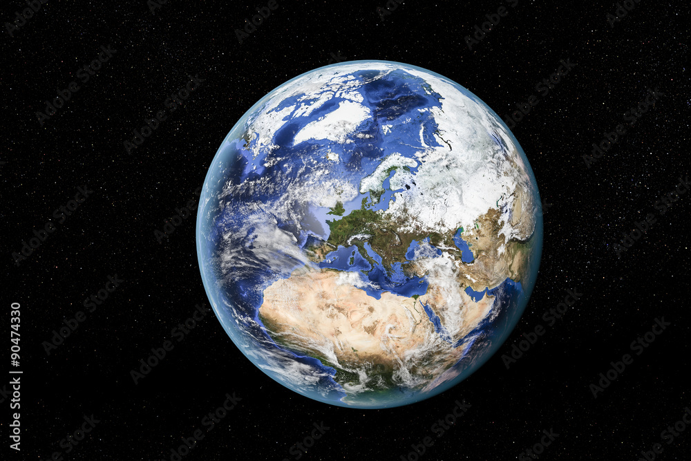 Fototapeta premium Szczegółowy widok Ziemi z kosmosu, pokazujący Afrykę Północną, Europę i Bliski Wschód. Elementy tego zdjęcia dostarczone przez NASA