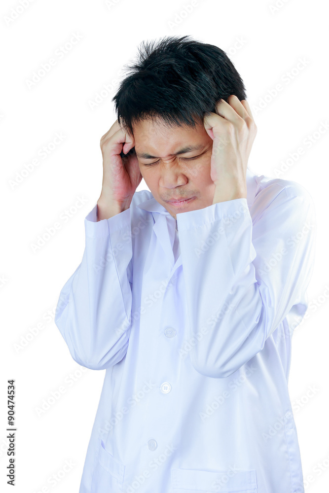 Portrait sad health care professional with headache Portrait sad health care professional with headache