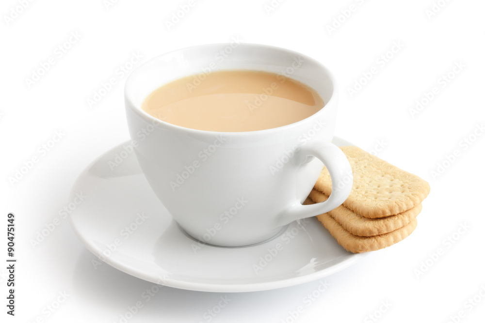 White ceramic cup and saucer with tea and finger biscuits. Isola White ceramic cup and saucer with tea and finger biscuits. Isola