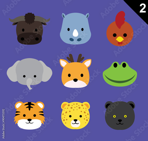 Fototapeta Naklejka Na Ścianę i Meble -  Flat Animal Faces Icon Cartoon Vector Set 2 (Forest)