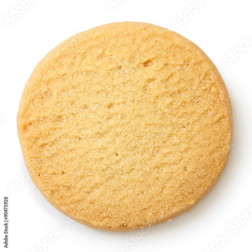 Fototapeta Single round shortbread biscuit isolated on white from above.