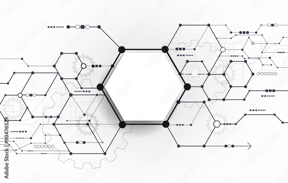 Vector Abstract futuristic circuit board on light gray background, hi-tech digital technology concept. Blank white 3d paper polygon label with space for your content, business, network and web design