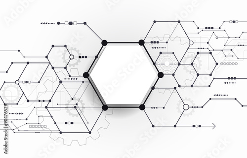 Vector Abstract futuristic circuit board on light gray background, hi-tech digital technology concept. Blank white 3d paper polygon label with space for your content, business, network and web design
