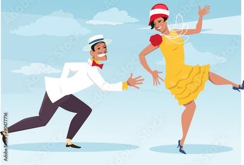 Funny cartoon couple dressed in vintage fashion dancing the Charleston, vector illustration, no transparencies, EPS 8