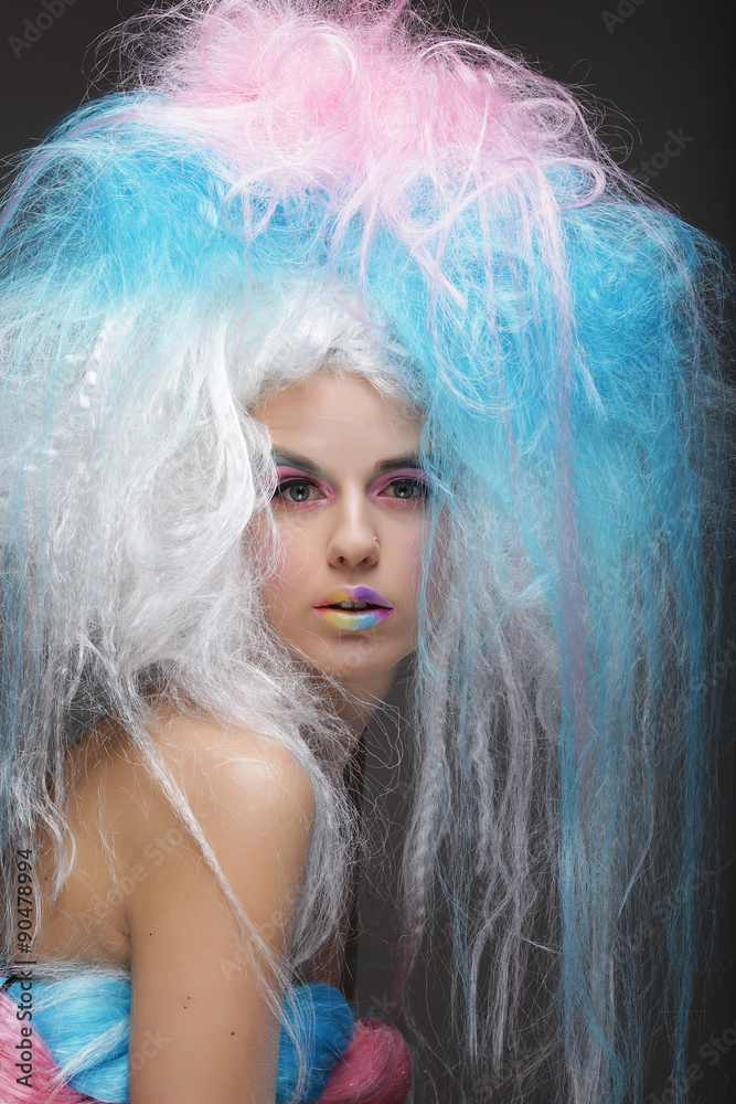 fashion model with bright make up and colorful hair fashion model with bright make up and colorful hair