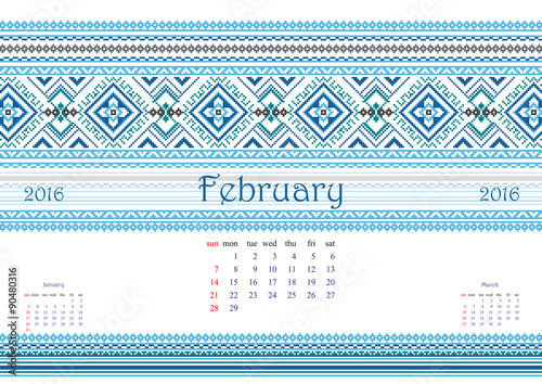 2016 Calendar with ethnic round ornament pattern in white red blue colors