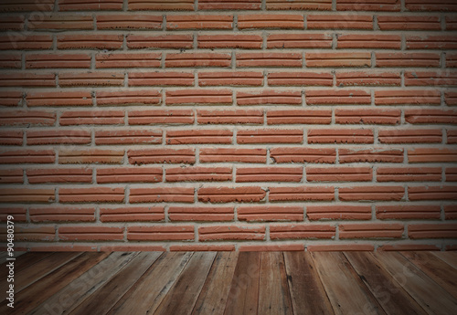Grunge wood floor and red brick wall background
