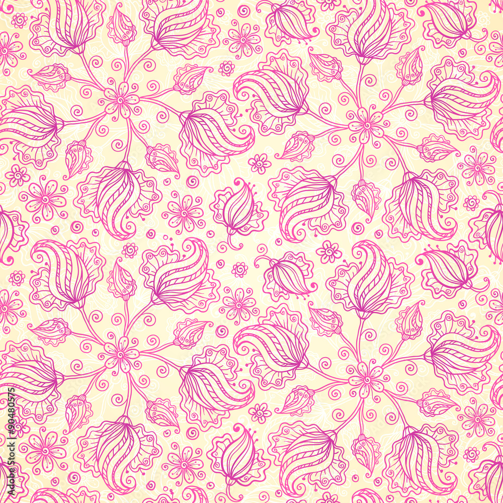 Pink abstract doodle flowers seamless pattern