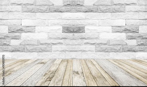 perspective wood plank floor or walk way with Brick wall white color background © montesttam