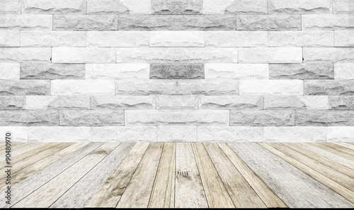 perspective wood plank floor or walk way with Brick wall white color background