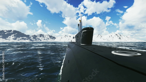 Front close-up view of the russian nuclear-powered submarine Borei at sea. Realistic three dimensional animation. photo