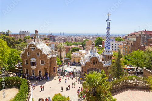 Ceramic mosaic Park Guell - the famous architectural town art designed by Antoni Gaudi and built in the years 1900 to 1914