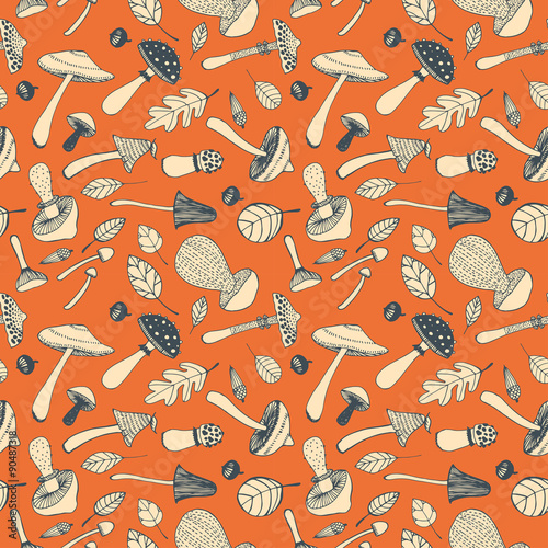 Hand drawn doodle  mushroom  seamless pattern.