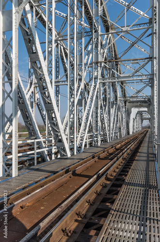 Railway steel truss bridge in Brzegi, Poland, near Krakow, over Vistula river