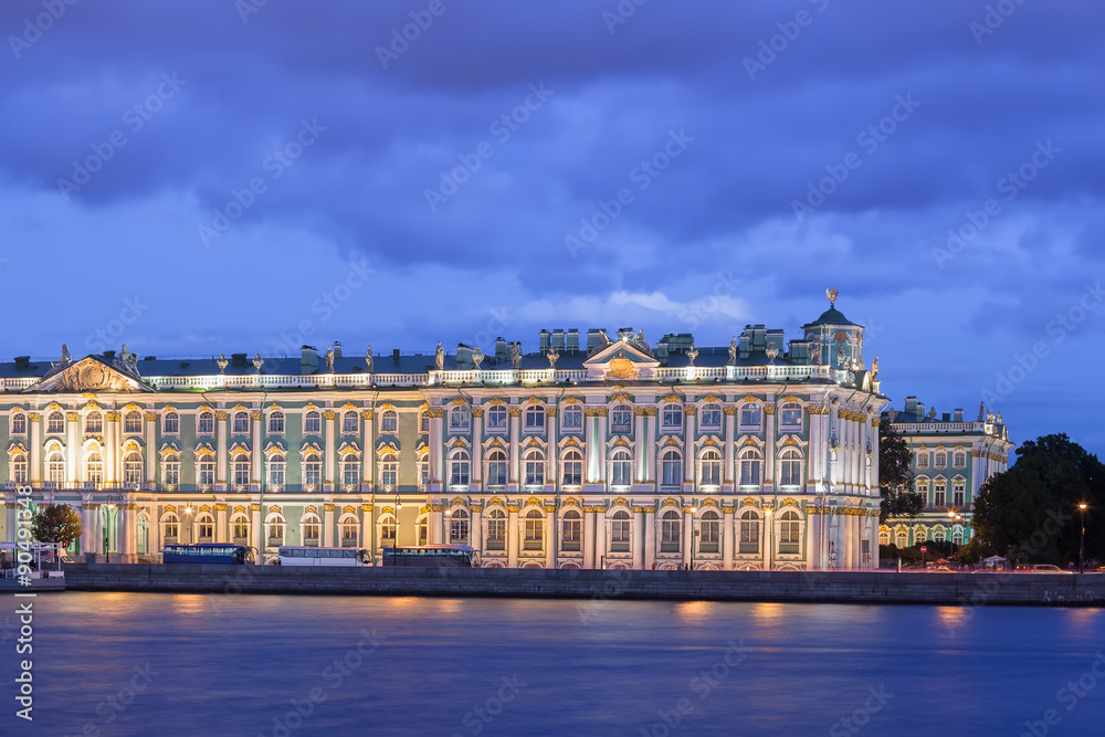 Building of the Hermitage (Winter Palace) at night in St. Petersburg, Russia