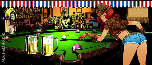 The game of billiards in the bar