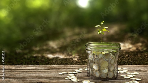 Plant growing from money jar. Concept of financial investment. 4k footage.
