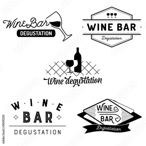 Set of typography wine bar and degustation badges with glasses
