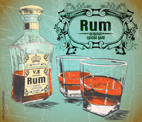 Rum was pour in two glasses with bottle on shabby background