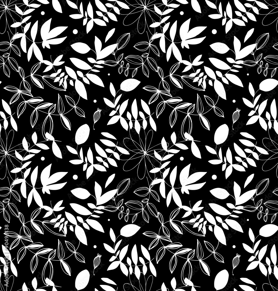 Fototapeta premium Black and white decorative floral seamless pattern. Vector background with leaves and branches
