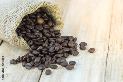 coffee beans in sack bag on wooden background