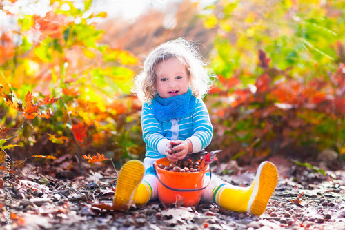 Little girl picking acorns in autumn park