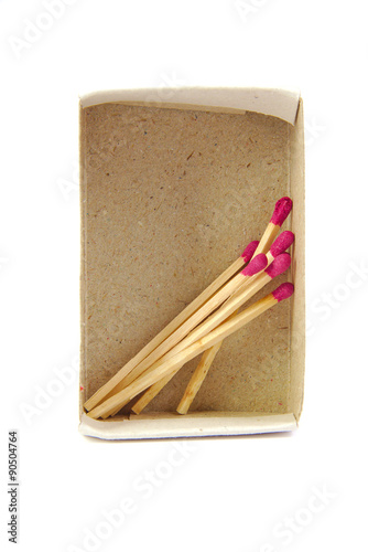 Frontal view of an almost empty matchbox on a white background