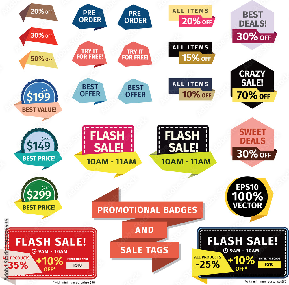 Promotional Badges and Sale Tags. Promotional badges and sale tags for your designs, such us for online shop, email newsletter or email marketing, web banner, print ad, etc.
