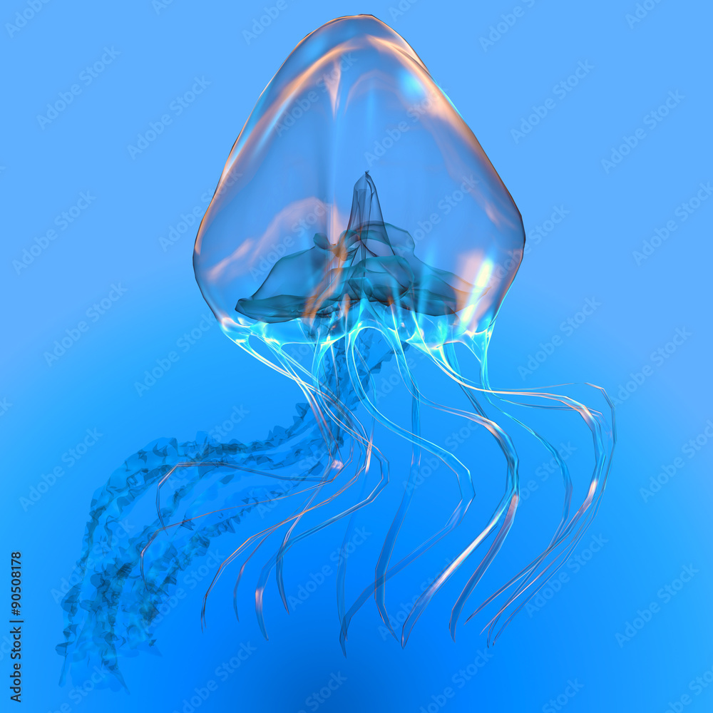 Naklejka premium Blue Glowing Jellyfish - The Jellyfish is a transparent gelatinous predator that uses its stinging tentacles to catch fish and small prey.