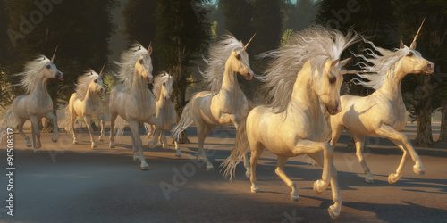 Magical Unicorn Forest - A herd of magical white unicorns with wondrous manes and tails gallop through the forest.
