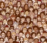Frauen - handgezeichnetes Hintergrundmuster / Endlosmuster mit vielen unterschiedlichen Frauen (Farbversion)