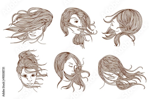 Handgezeichnete Frauen mit wehenden langen Haaren