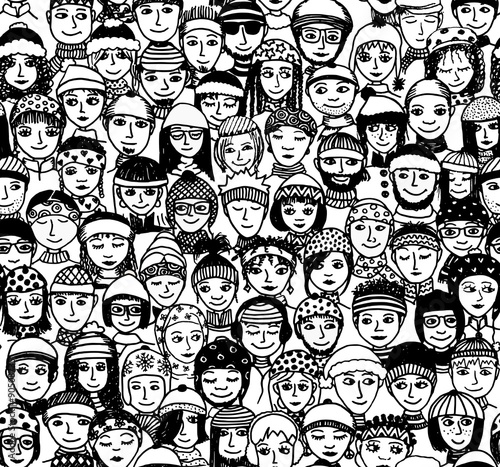 Menschen im Winter - handgezeichnetes Hintergrundmuster mit einer Menschenmenge mit Schals und Mützen