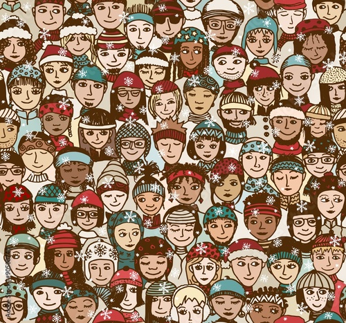 Menschen im Winter - handgezeichnetes Hintergrundmuster mit einer Menschenmenge mit Schals und Mützen