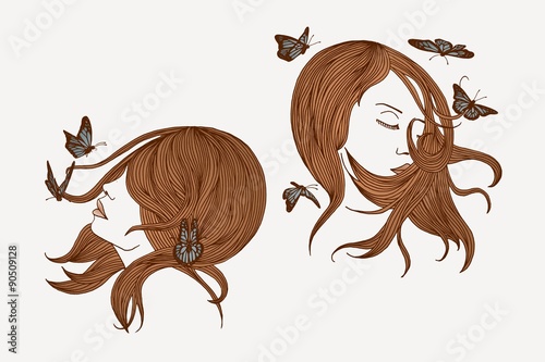 Handgezeichnete Frauen mit wehenden langen Haaren