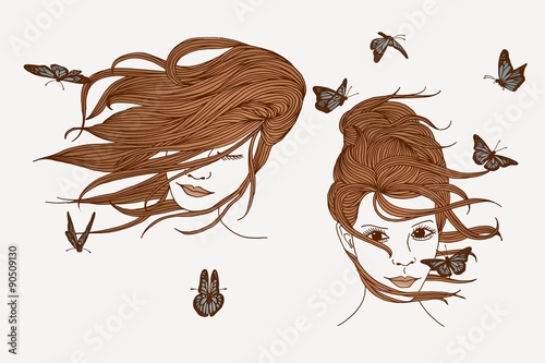 Handgezeichnete Frauen mit wehenden langen Haaren