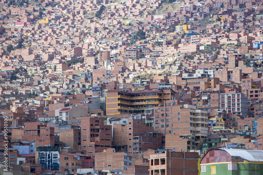Aerial view of La Paz in Bolivia with many residential and offic